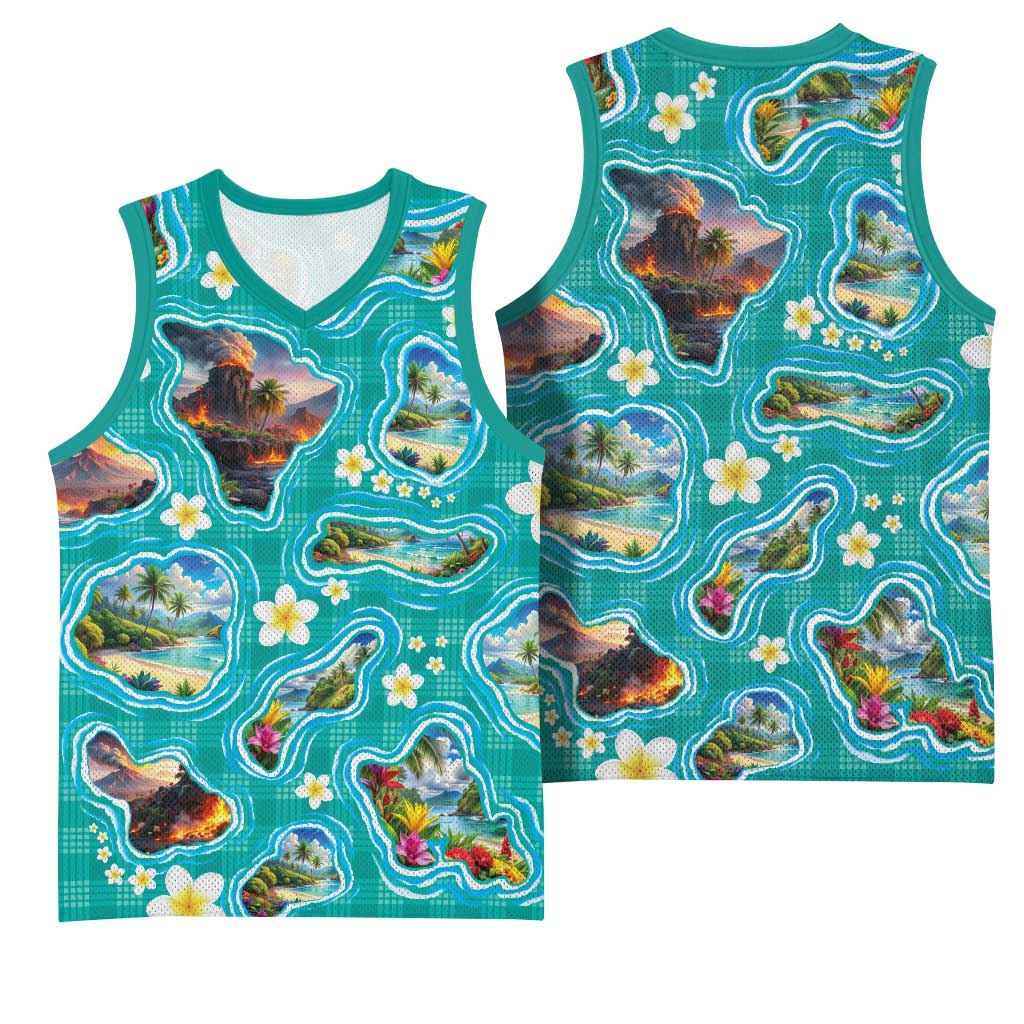 Hawaii Map with Plumeria Flower and Palaka Pattern Basketball Jersey Tropical Island Teal Design