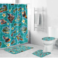 Hawaii Map with Plumeria Flower and Palaka Pattern Bathroom Set Tropical Island Teal Design