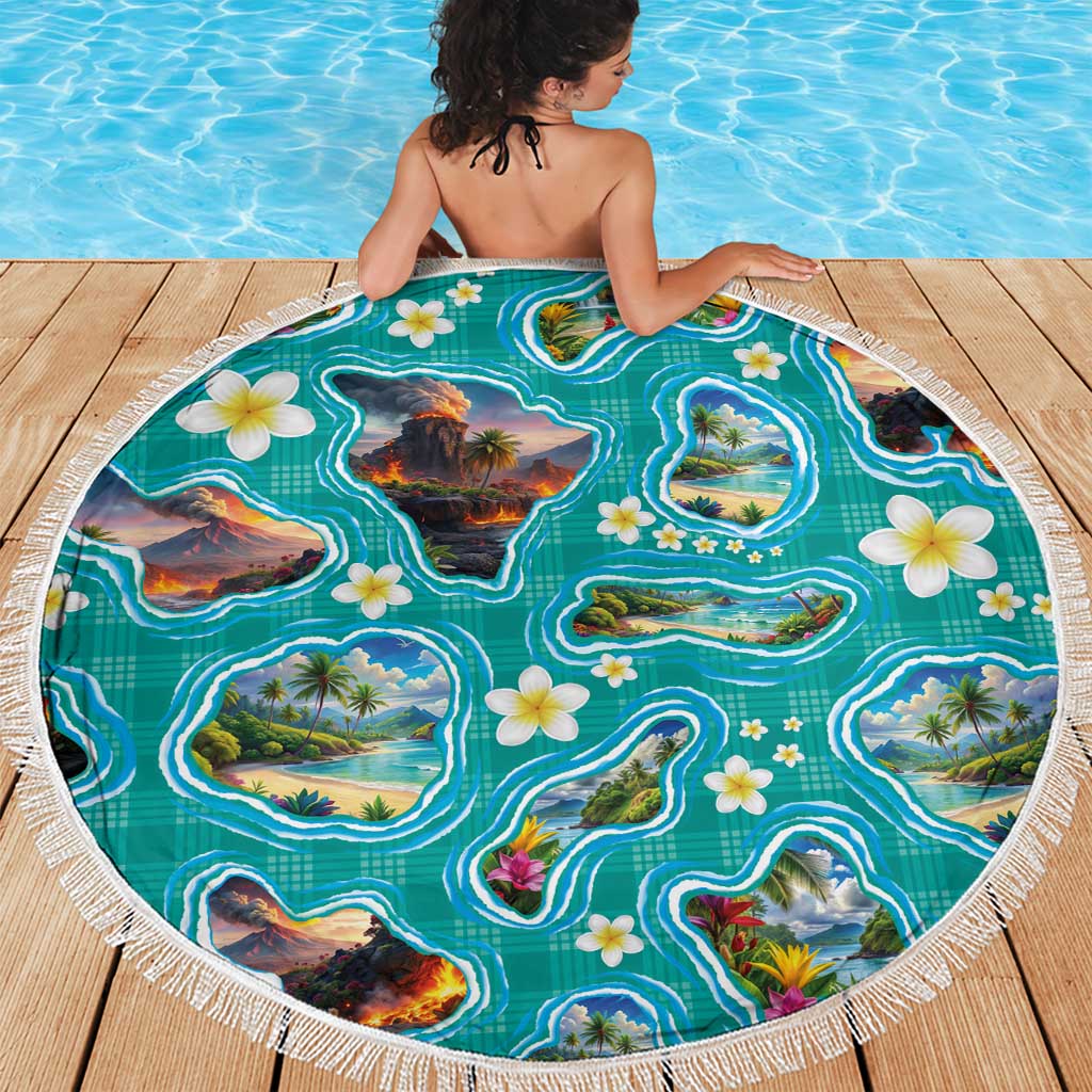 Hawaii Map with Plumeria Flower and Palaka Pattern Beach Blanket Tropical Island Teal Design