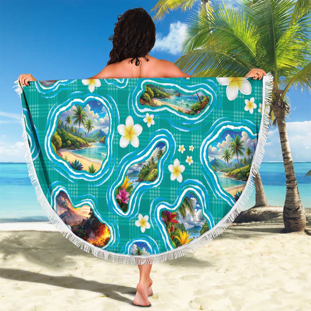 Hawaii Map with Plumeria Flower and Palaka Pattern Beach Blanket Tropical Island Teal Design