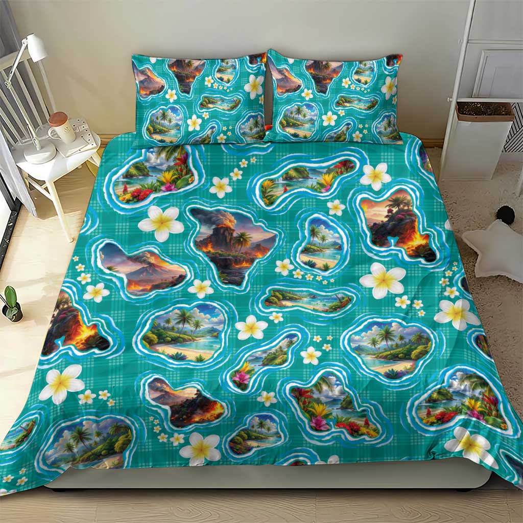 Hawaii Map with Plumeria Flower and Palaka Pattern Bedding Set Tropical Island Teal Design