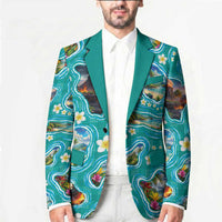 Hawaii Map with Plumeria Flower and Palaka Pattern Blazer Tropical Island Teal Design