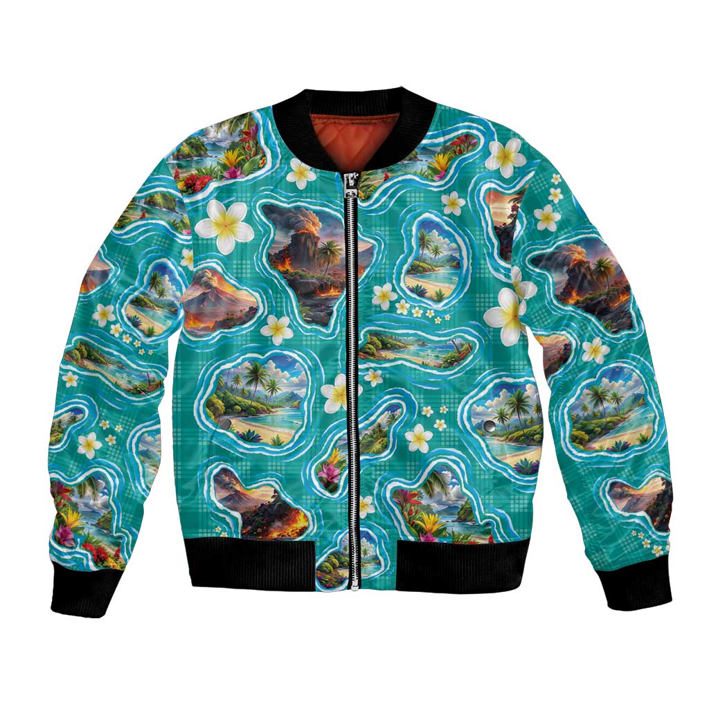 Hawaii Map with Plumeria Flower and Palaka Pattern Bomber Jacket Tropical Island Teal Design