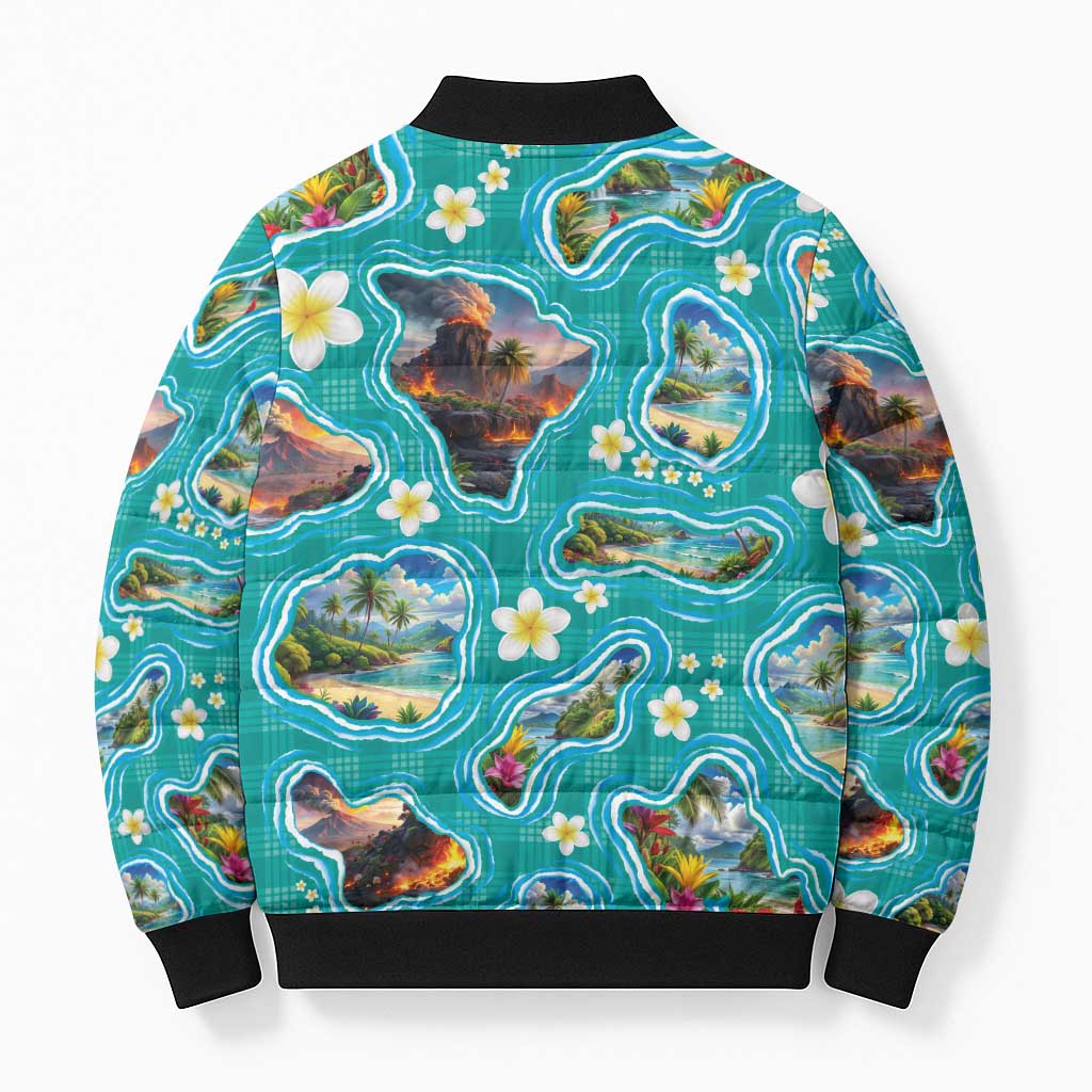 Hawaii Map with Plumeria Flower and Palaka Pattern Bomber Puffer Jacket Tropical Island Teal Design
