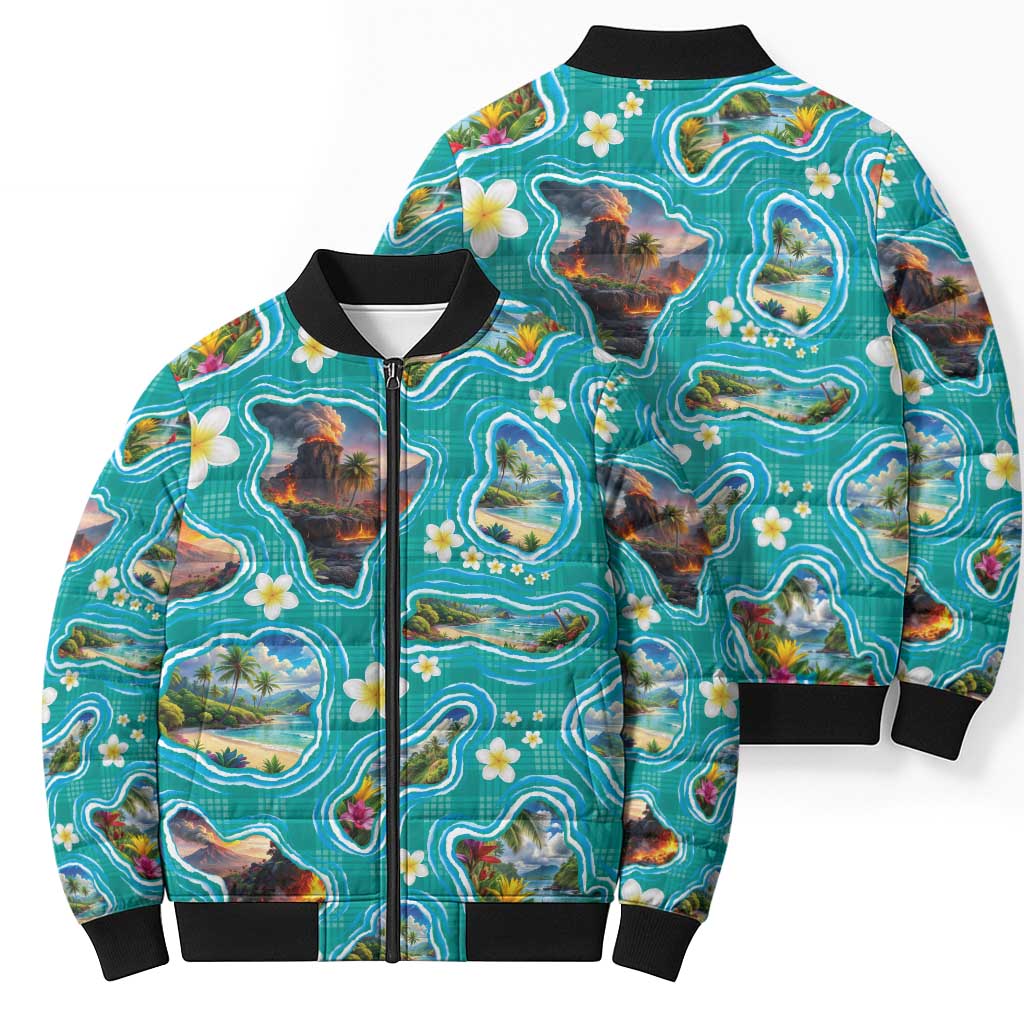Hawaii Map with Plumeria Flower and Palaka Pattern Bomber Puffer Jacket Tropical Island Teal Design