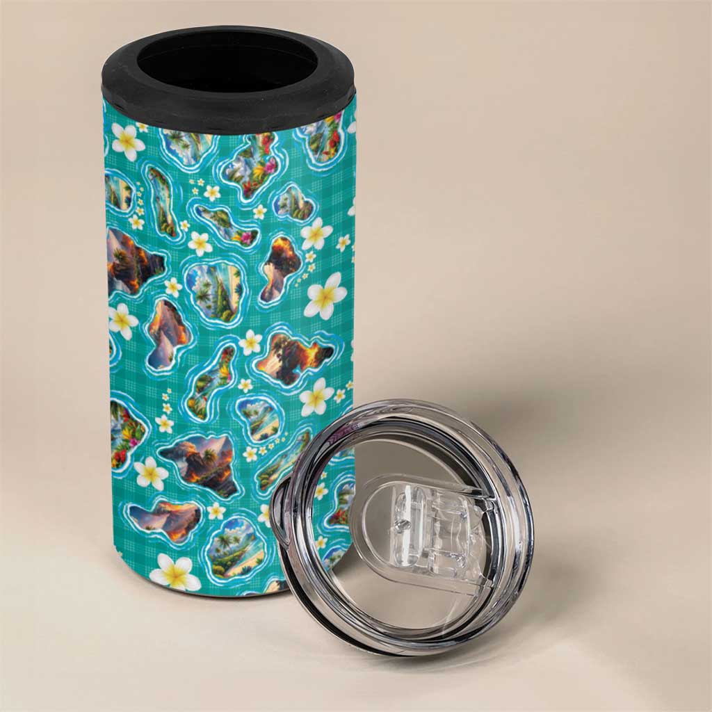 Hawaii Map with Plumeria Flower and Palaka Pattern 4 in 1 Can Cooler Tumbler Tropical Island Teal Design