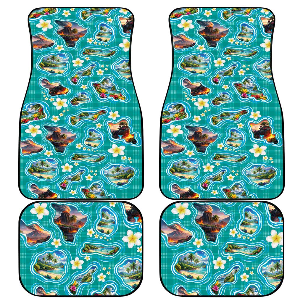 Hawaii Map with Plumeria Flower and Palaka Pattern Car Mats Tropical Island Teal Design
