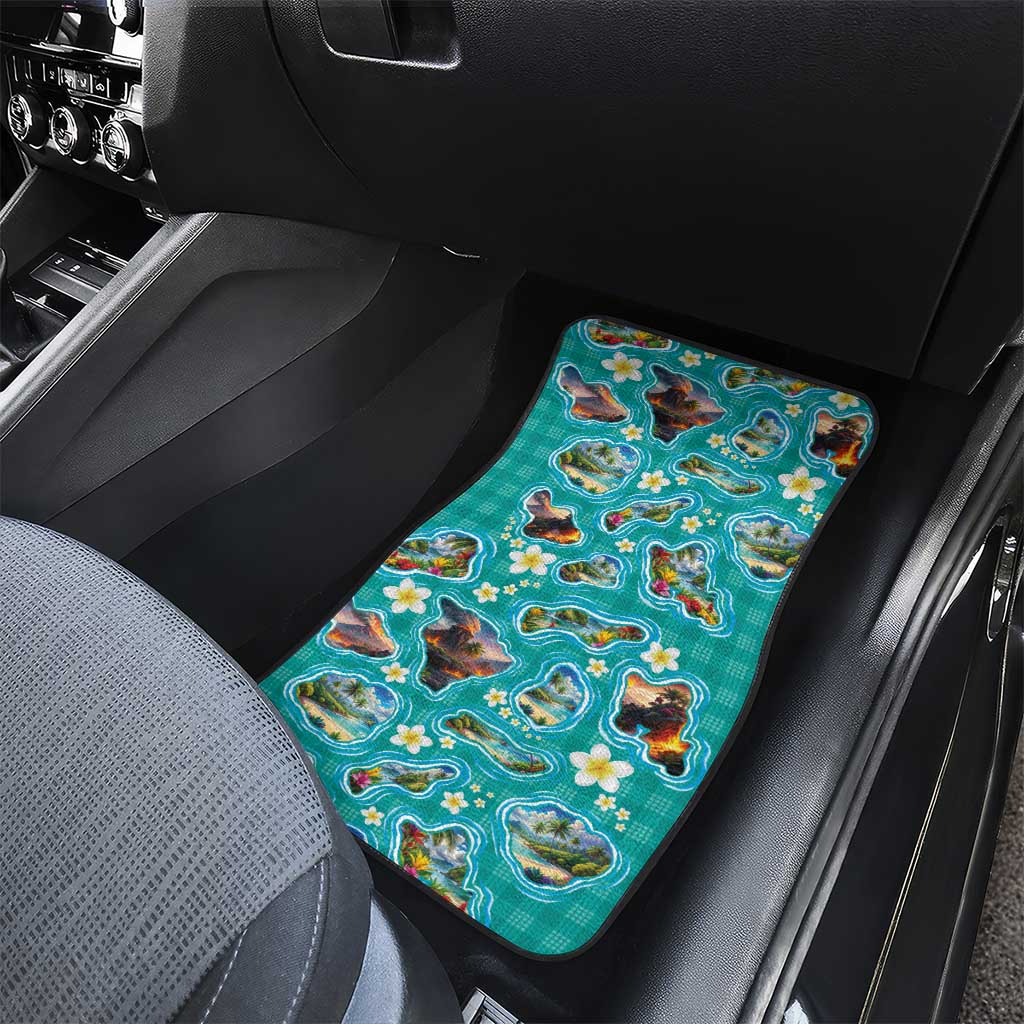 Hawaii Map with Plumeria Flower and Palaka Pattern Car Mats Tropical Island Teal Design