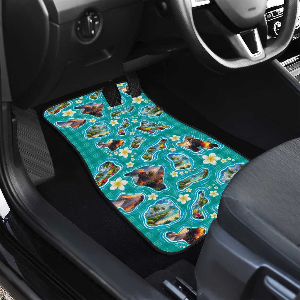 Hawaii Map with Plumeria Flower and Palaka Pattern Car Mats Tropical Island Teal Design