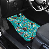 Hawaii Map with Plumeria Flower and Palaka Pattern Car Mats Tropical Island Teal Design