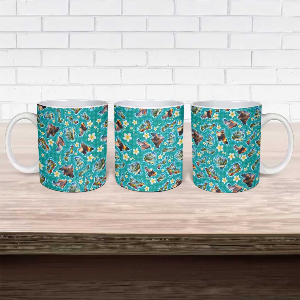 Hawaii Map with Plumeria Flower and Palaka Pattern Ceramic Mug Tropical Island Teal Design