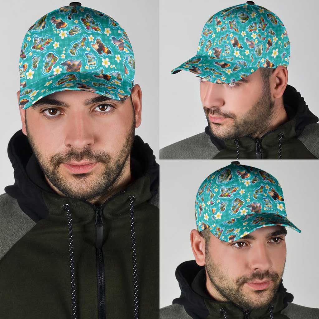 Hawaii Map with Plumeria Flower and Palaka Pattern Classic Cap Tropical Island Teal Design
