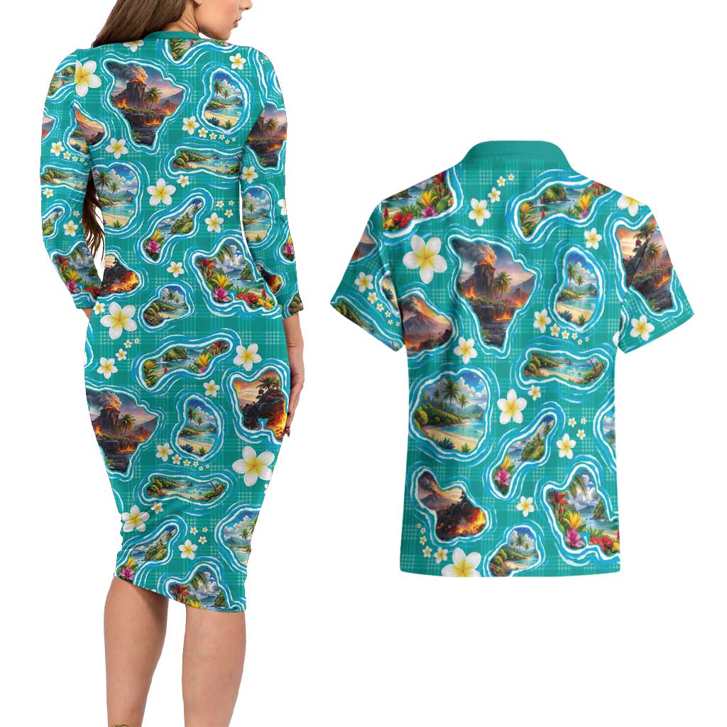 Hawaii Map with Plumeria Flower and Palaka Pattern Couples Matching Long Sleeve Bodycon Dress and Hawaiian Shirt Tropical Island Teal Design LT03 - Polynesian Pride