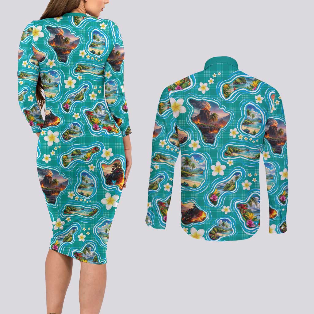 Hawaii Map with Plumeria Flower and Palaka Pattern Couples Matching Long Sleeve Bodycon Dress and Long Sleeve Button Shirt Tropical Island Teal Design LT03 - Polynesian Pride