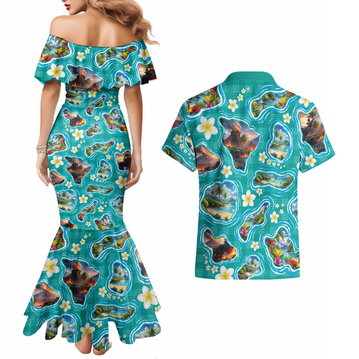 Hawaii Map with Plumeria Flower and Palaka Pattern Couples Matching Mermaid Dress and Hawaiian Shirt Tropical Island Teal Design LT03 - Polynesian Pride