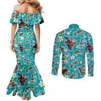 Hawaii Map with Plumeria Flower and Palaka Pattern Couples Matching Mermaid Dress and Long Sleeve Button Shirt Tropical Island Teal Design LT03 - Polynesian Pride
