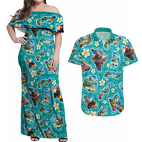 Hawaii Map with Plumeria Flower and Palaka Pattern Couples Matching Off Shoulder Maxi Dress and Hawaiian Shirt Tropical Island Teal Design LT03 Teal - Polynesian Pride