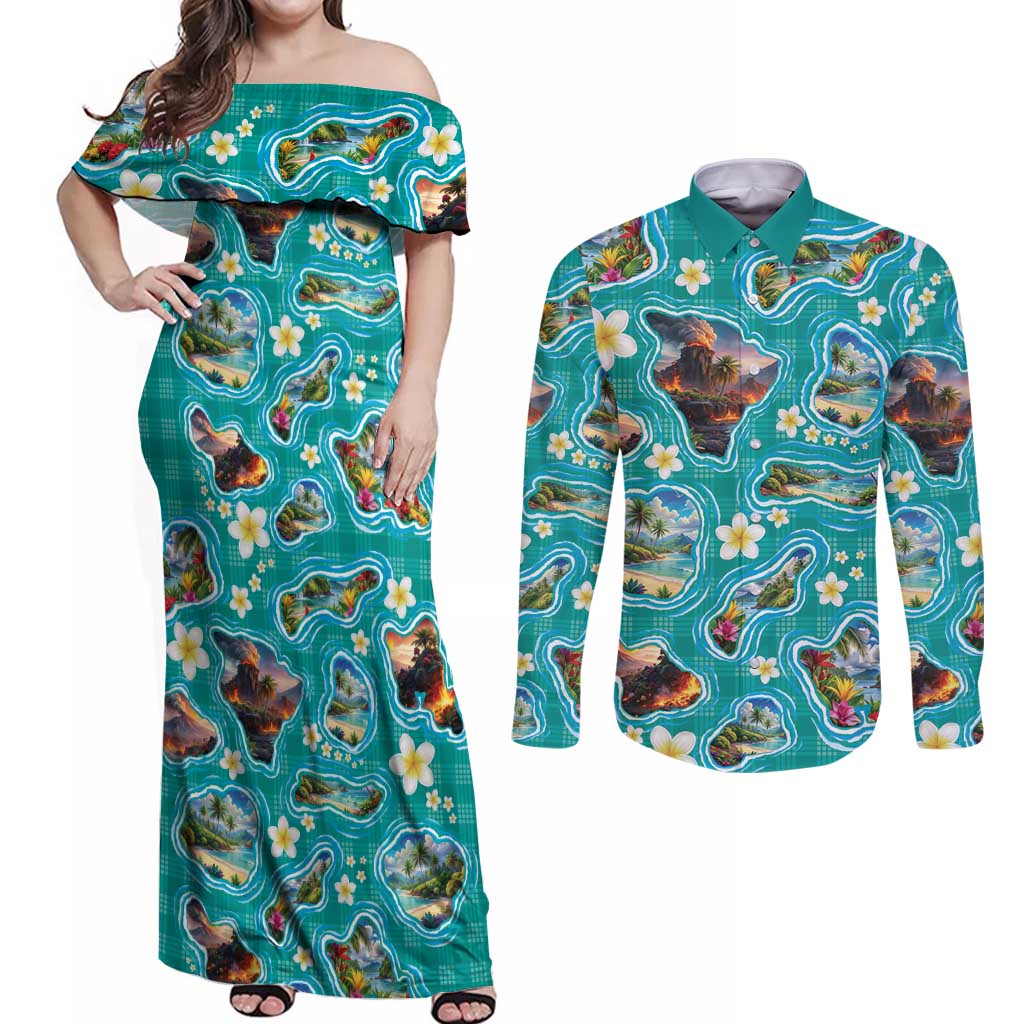 Hawaii Map with Plumeria Flower and Palaka Pattern Couples Matching Off Shoulder Maxi Dress and Long Sleeve Button Shirt Tropical Island Teal Design LT03 Teal - Polynesian Pride