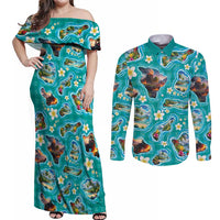 Hawaii Map with Plumeria Flower and Palaka Pattern Couples Matching Off Shoulder Maxi Dress and Long Sleeve Button Shirt Tropical Island Teal Design LT03 Teal - Polynesian Pride
