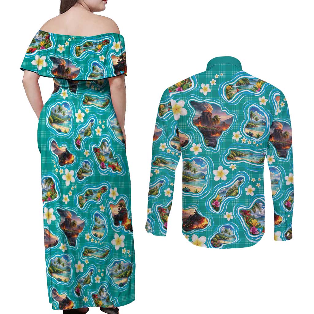 Hawaii Map with Plumeria Flower and Palaka Pattern Couples Matching Off Shoulder Maxi Dress and Long Sleeve Button Shirt Tropical Island Teal Design LT03 - Polynesian Pride