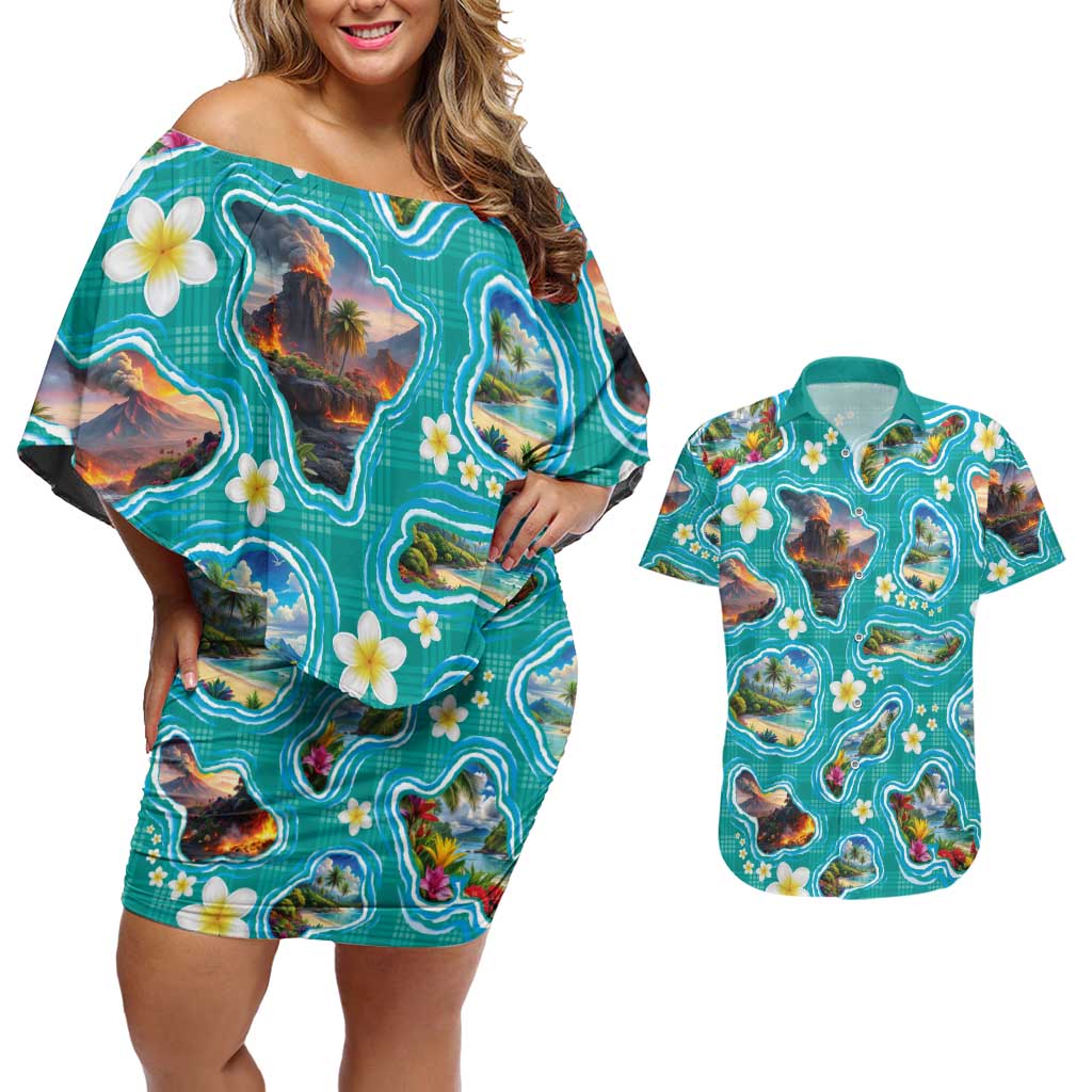 Hawaii Map with Plumeria Flower and Palaka Pattern Couples Matching Off Shoulder Short Dress and Hawaiian Shirt Tropical Island Teal Design LT03 Teal - Polynesian Pride