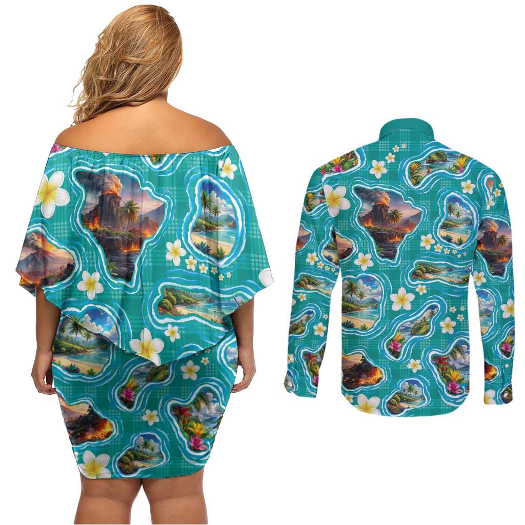 Hawaii Map with Plumeria Flower and Palaka Pattern Couples Matching Off Shoulder Short Dress and Long Sleeve Button Shirt Tropical Island Teal Design LT03 - Polynesian Pride