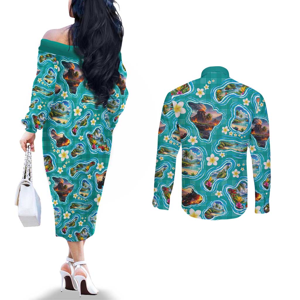 Hawaii Map with Plumeria Flower and Palaka Pattern Couples Matching Off The Shoulder Long Sleeve Dress and Long Sleeve Button Shirt Tropical Island Teal Design LT03 - Polynesian Pride