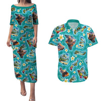 Hawaii Map with Plumeria Flower and Palaka Pattern Couples Matching Puletasi and Hawaiian Shirt Tropical Island Teal Design LT03 Teal - Polynesian Pride