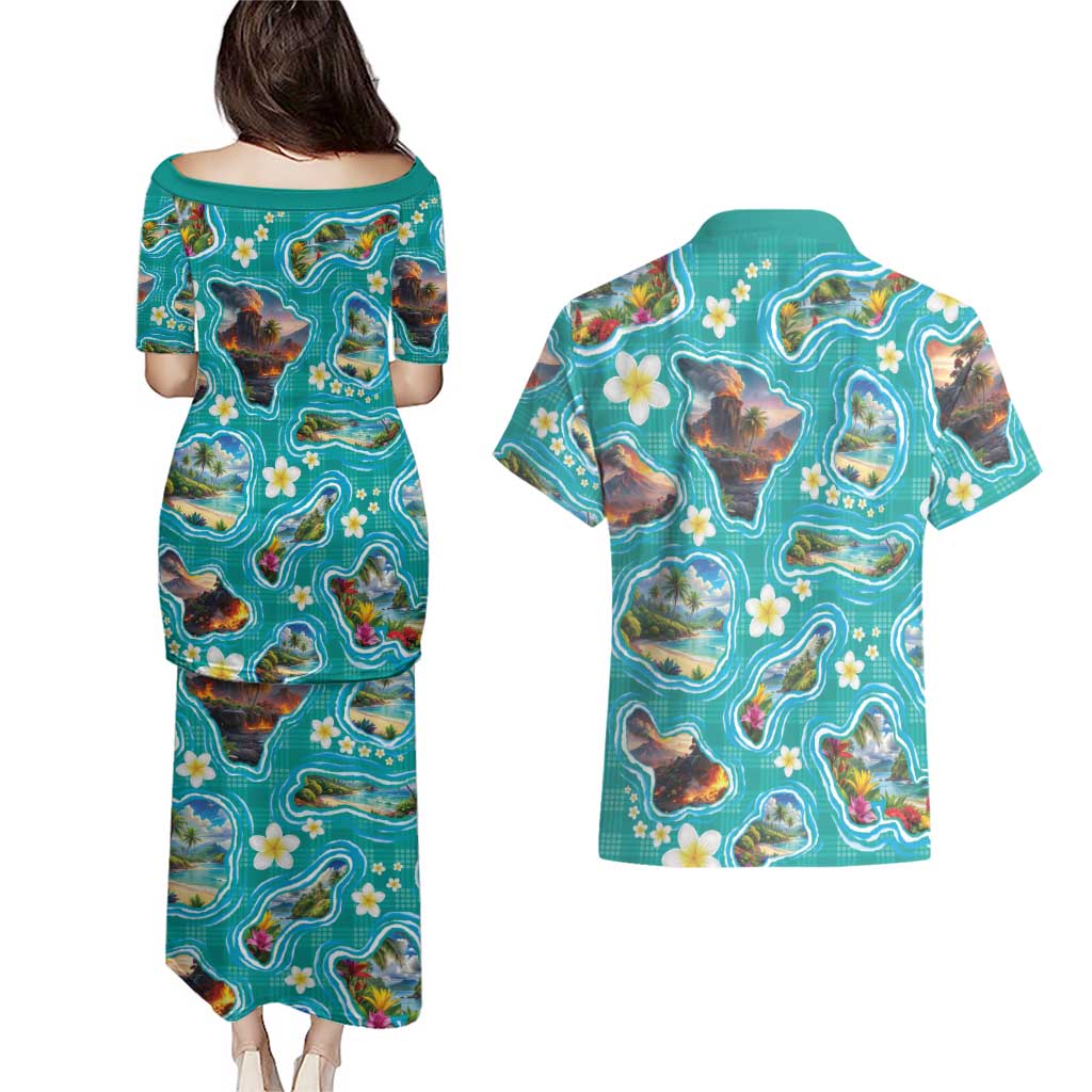 Hawaii Map with Plumeria Flower and Palaka Pattern Couples Matching Puletasi and Hawaiian Shirt Tropical Island Teal Design LT03 - Polynesian Pride