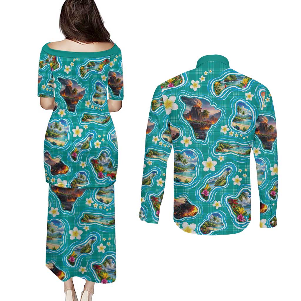 Hawaii Map with Plumeria Flower and Palaka Pattern Couples Matching Puletasi and Long Sleeve Button Shirt Tropical Island Teal Design