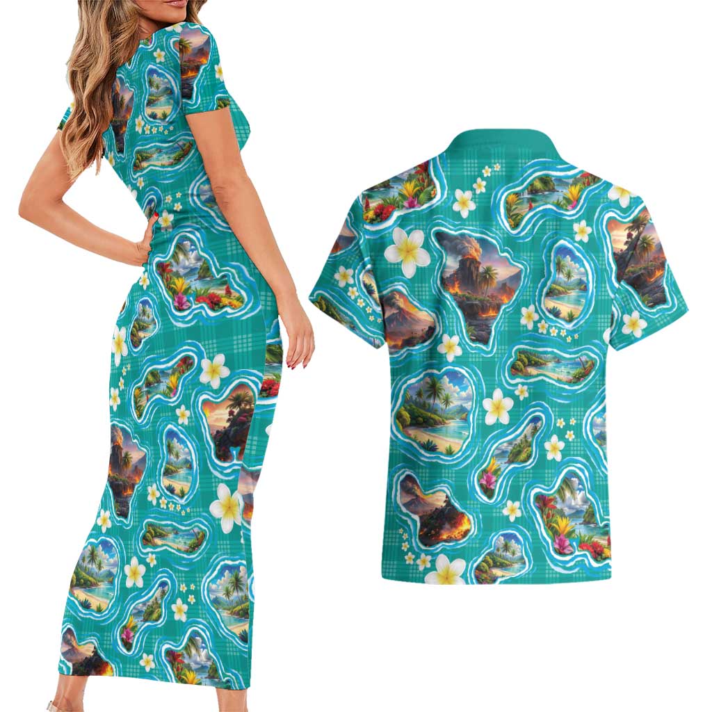 Hawaii Map with Plumeria Flower and Palaka Pattern Couples Matching Short Sleeve Bodycon Dress and Hawaiian Shirt Tropical Island Teal Design LT03 - Polynesian Pride