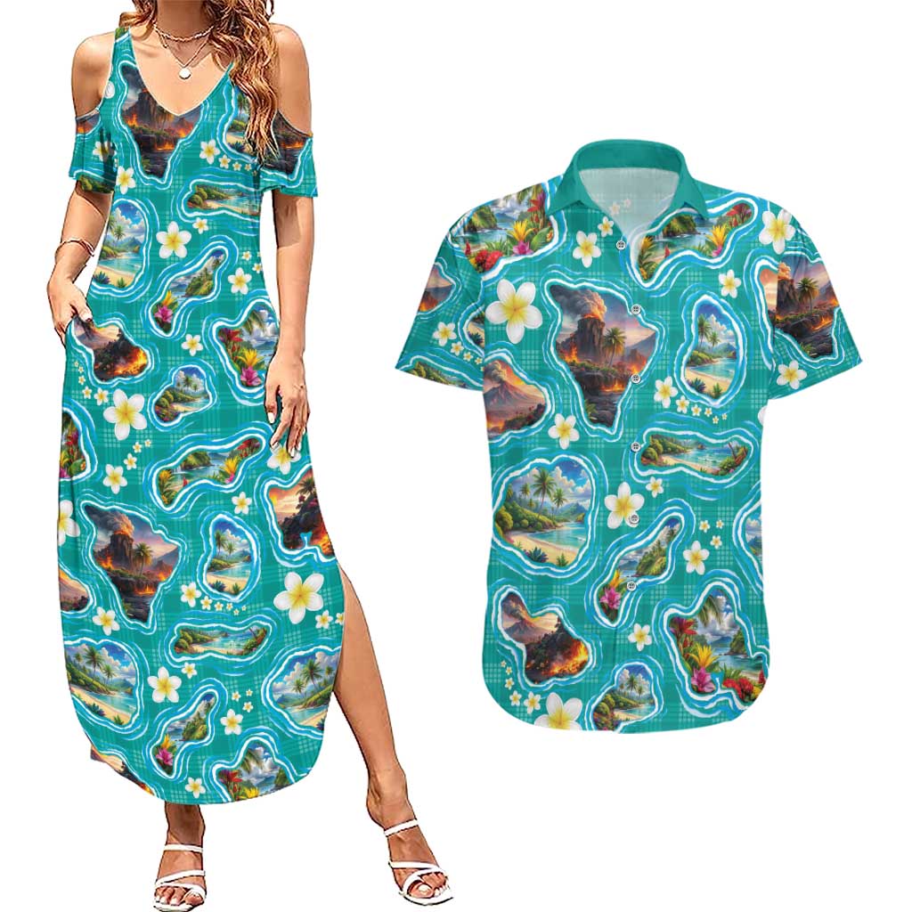 Hawaii Map with Plumeria Flower and Palaka Pattern Couples Matching Summer Maxi Dress and Hawaiian Shirt Tropical Island Teal Design LT03 Teal - Polynesian Pride