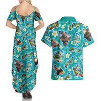 Hawaii Map with Plumeria Flower and Palaka Pattern Couples Matching Summer Maxi Dress and Hawaiian Shirt Tropical Island Teal Design LT03 - Polynesian Pride