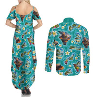 Hawaii Map with Plumeria Flower and Palaka Pattern Couples Matching Summer Maxi Dress and Long Sleeve Button Shirt Tropical Island Teal Design LT03 - Polynesian Pride
