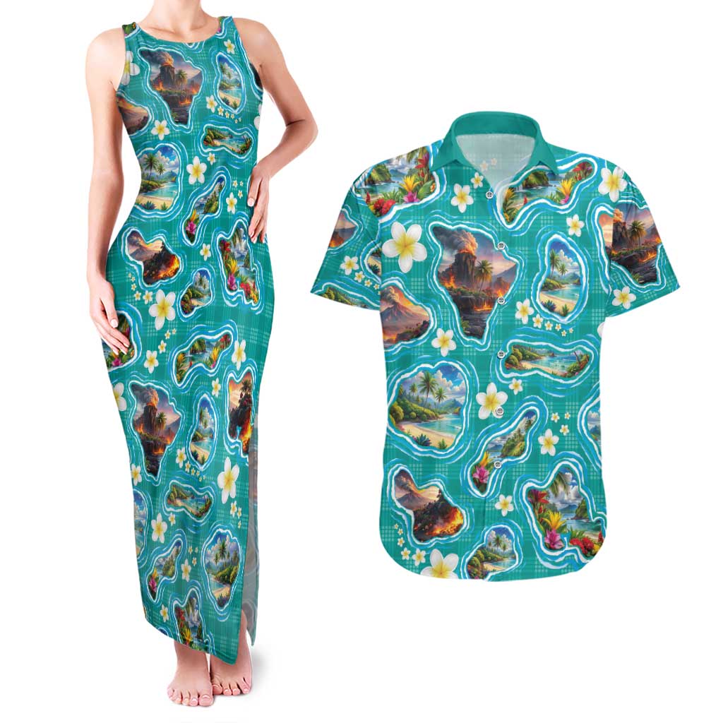 Hawaii Map with Plumeria Flower and Palaka Pattern Couples Matching Tank Maxi Dress and Hawaiian Shirt Tropical Island Teal Design LT03 Teal - Polynesian Pride