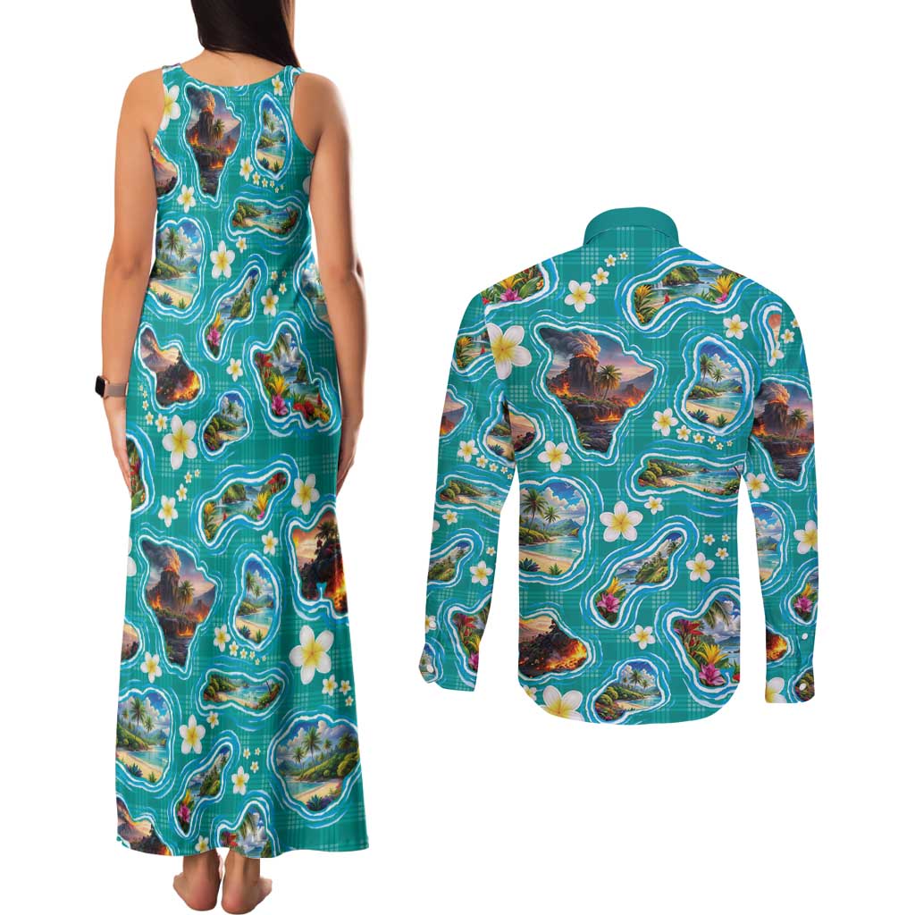Hawaii Map with Plumeria Flower and Palaka Pattern Couples Matching Tank Maxi Dress and Long Sleeve Button Shirt Tropical Island Teal Design LT03 - Polynesian Pride