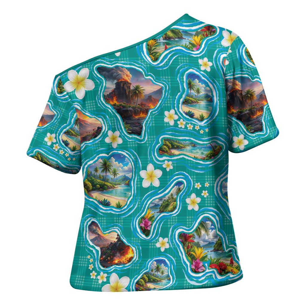 Hawaii Map with Plumeria Flower and Palaka Pattern Cross Shoulder Shirt Tropical Island Teal Design