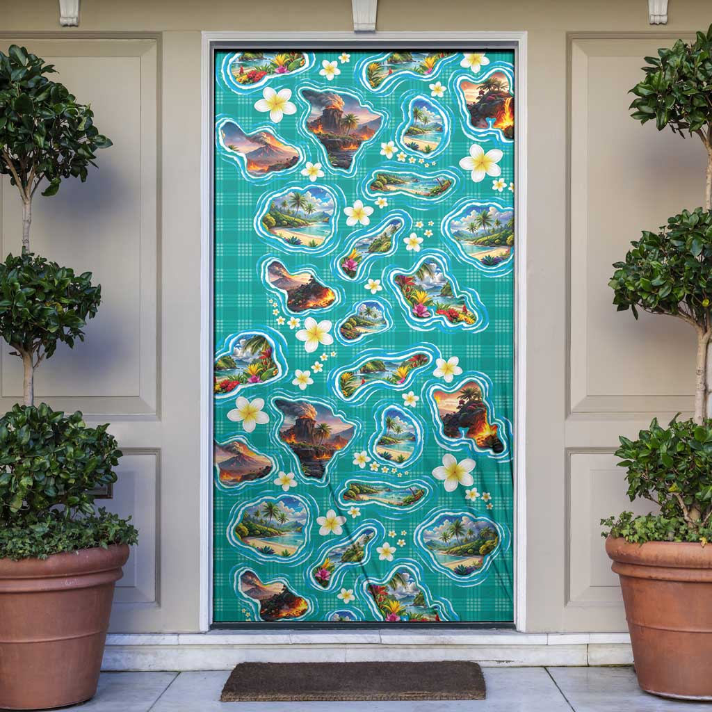 Hawaii Map with Plumeria Flower and Palaka Pattern Door Cover Tropical Island Teal Design