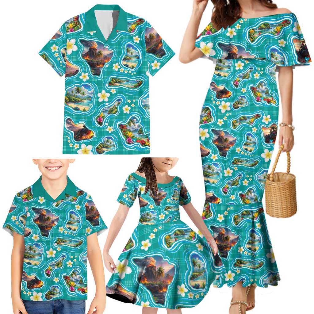 Hawaii Map with Plumeria Flower and Palaka Pattern Family Matching Mermaid Dress and Hawaiian Shirt Tropical Island Teal Design LT03 - Polynesian Pride