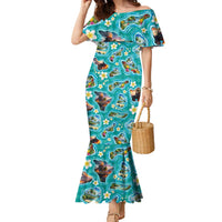 Hawaii Map with Plumeria Flower and Palaka Pattern Family Matching Mermaid Dress and Hawaiian Shirt Tropical Island Teal Design LT03 Mom's Dress Teal - Polynesian Pride