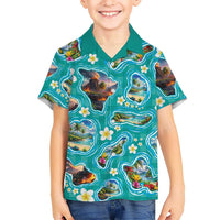 Hawaii Map with Plumeria Flower and Palaka Pattern Family Matching Mermaid Dress and Hawaiian Shirt Tropical Island Teal Design LT03 Son's Shirt Teal - Polynesian Pride