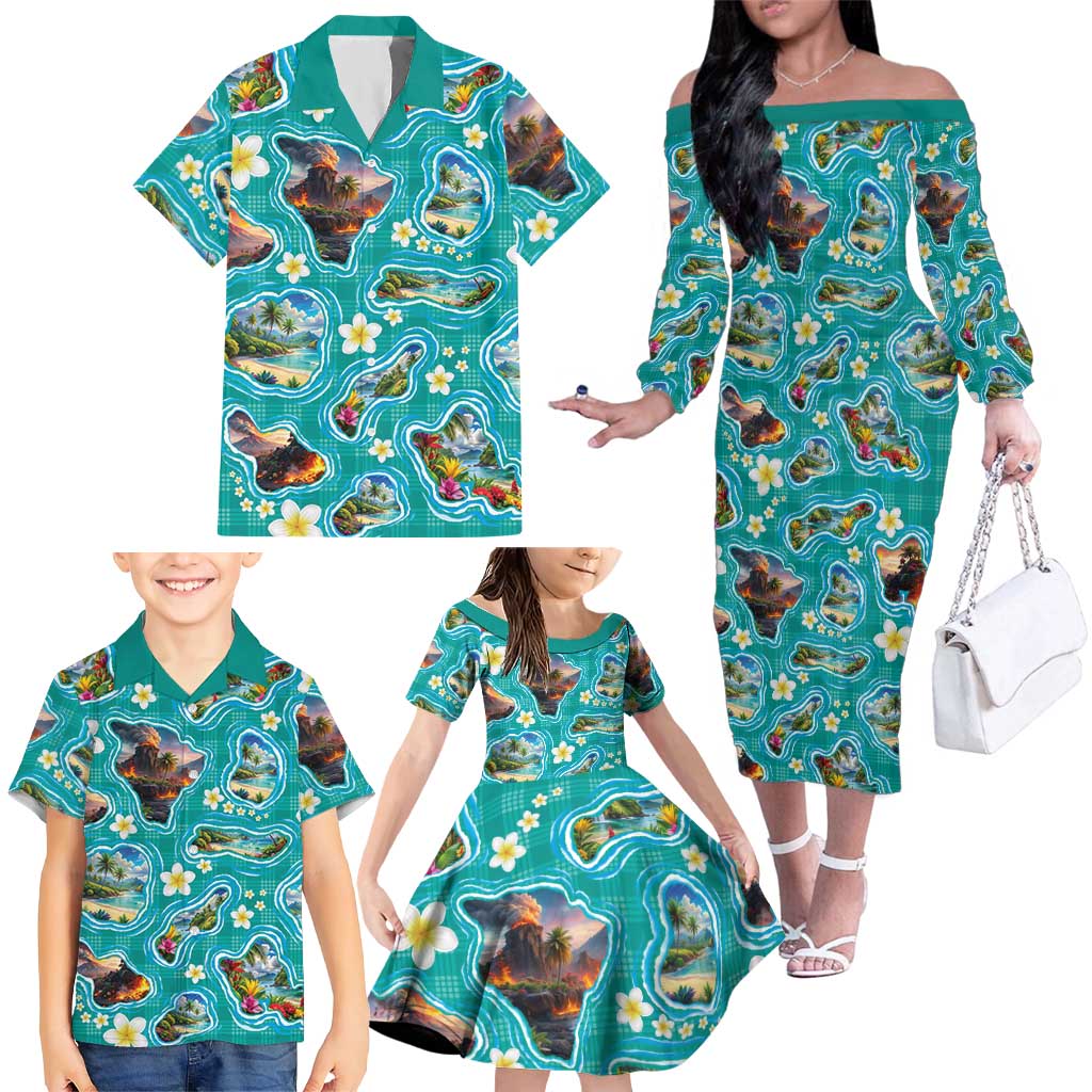 Hawaii Map with Plumeria Flower and Palaka Pattern Family Matching Off The Shoulder Long Sleeve Dress and Hawaiian Shirt Tropical Island Teal Design LT03 - Polynesian Pride