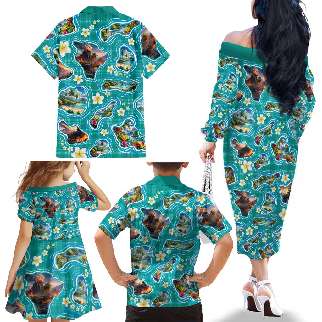 Hawaii Map with Plumeria Flower and Palaka Pattern Family Matching Off The Shoulder Long Sleeve Dress and Hawaiian Shirt Tropical Island Teal Design LT03 - Polynesian Pride
