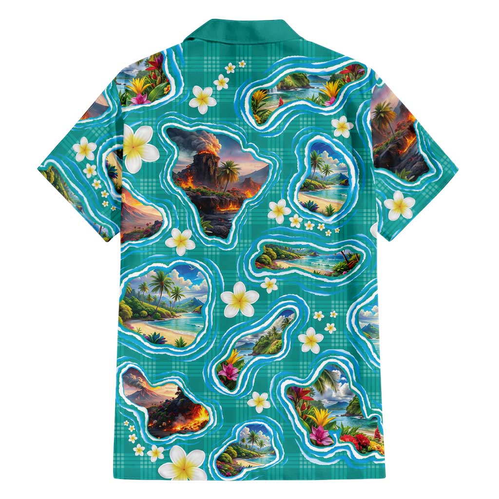 Hawaii Map with Plumeria Flower and Palaka Pattern Family Matching Off Shoulder Maxi Dress and Hawaiian Shirt Tropical Island Teal Design LT03 - Polynesian Pride