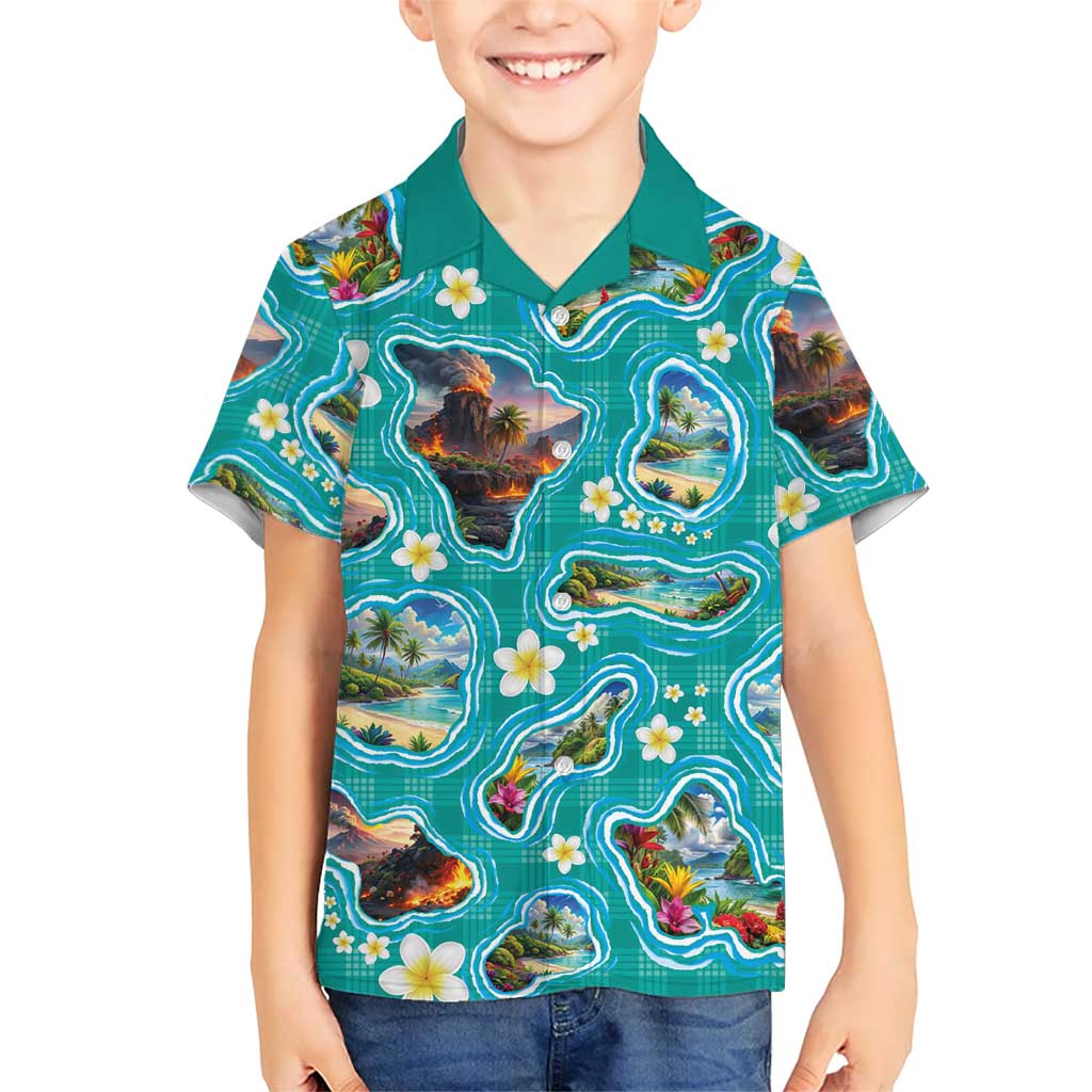 Hawaii Map with Plumeria Flower and Palaka Pattern Family Matching Off Shoulder Maxi Dress and Hawaiian Shirt Tropical Island Teal Design LT03 Son's Shirt Teal - Polynesian Pride