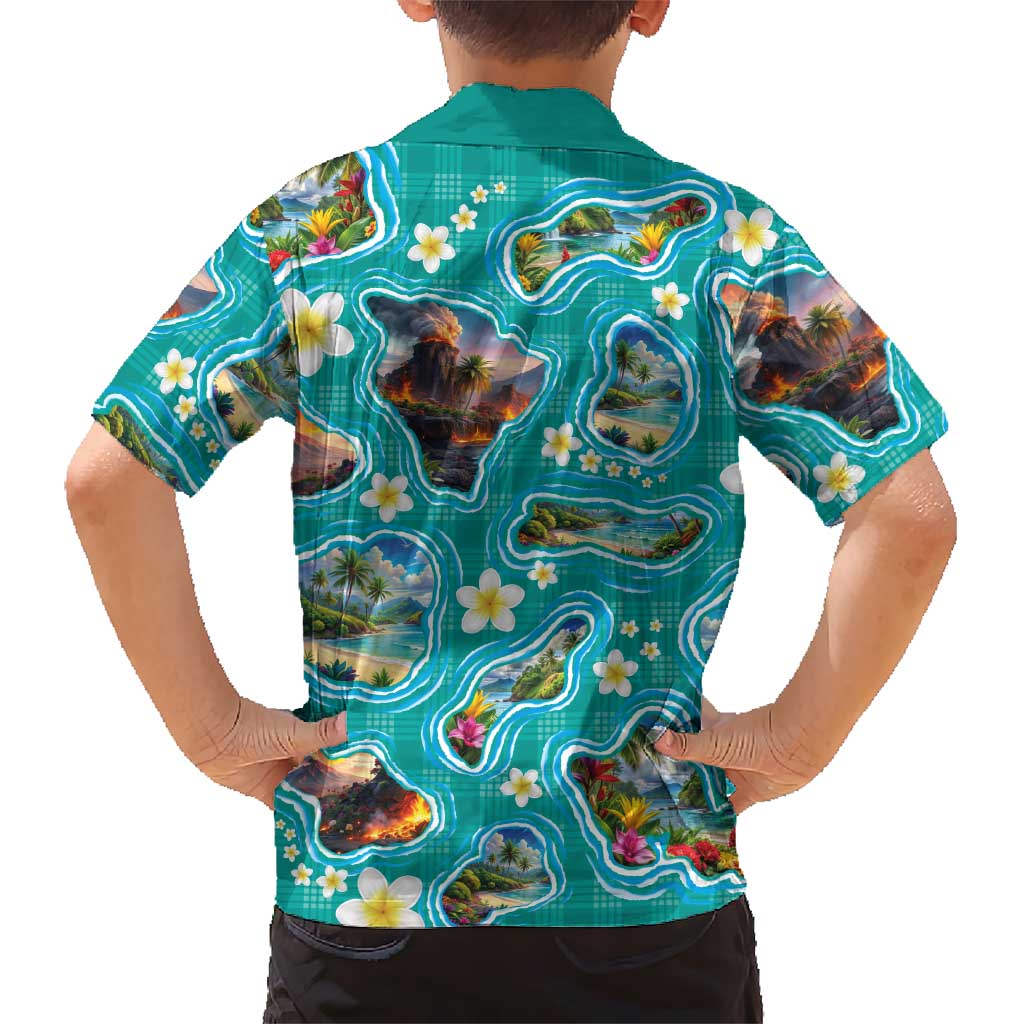 Hawaii Map with Plumeria Flower and Palaka Pattern Family Matching Off Shoulder Short Dress and Hawaiian Shirt Tropical Island Teal Design LT03 - Polynesian Pride