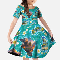 Hawaii Map with Plumeria Flower and Palaka Pattern Family Matching Off Shoulder Short Dress and Hawaiian Shirt Tropical Island Teal Design LT03 Daughter's Dress Teal - Polynesian Pride