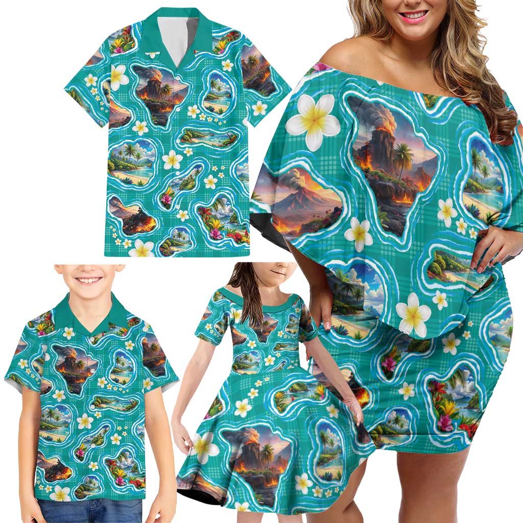 Hawaii Map with Plumeria Flower and Palaka Pattern Family Matching Off Shoulder Short Dress and Hawaiian Shirt Tropical Island Teal Design