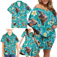 Hawaii Map with Plumeria Flower and Palaka Pattern Family Matching Off Shoulder Short Dress and Hawaiian Shirt Tropical Island Teal Design LT03 - Polynesian Pride