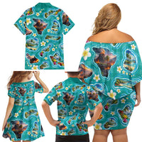 Hawaii Map with Plumeria Flower and Palaka Pattern Family Matching Off Shoulder Short Dress and Hawaiian Shirt Tropical Island Teal Design LT03 - Polynesian Pride